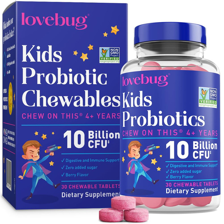 LOVEBUG Probiotics for Kids  Probiotic Chewables with Prebiotic Fiber for Age 4+,Daily Children's Gut Health & Digestive Support Supplement, Sugar-F
