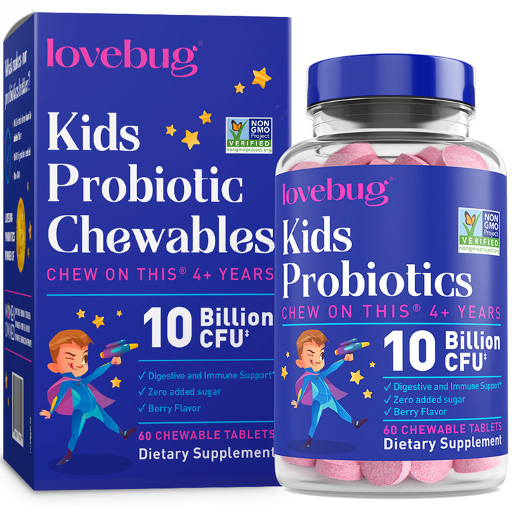 LOVEBUG Probiotics for Kids  Probiotic Chewables with Prebiotic Fiber for Age 4+,Daily Children's Gut Health & Digestive Support Supplement, Sugar-F