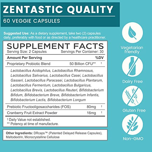 Zentastic Probiotics & Prebiotics Supplement - 50 Billion CFU - for Men & Womens Immune & Digestive Health - 16 Strains - Shelf Stable - 120 Delayed
