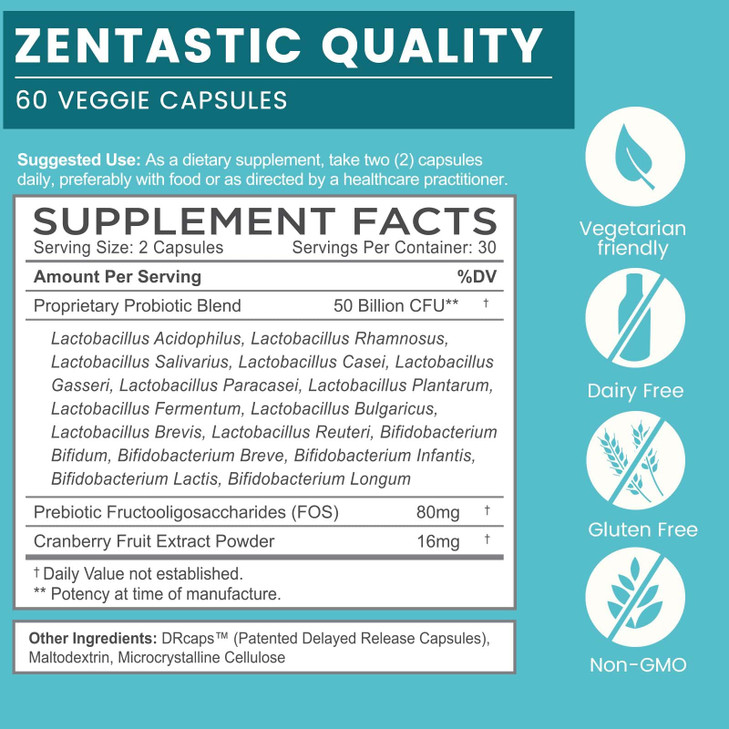 Zentastic Probiotics & Prebiotics Supplement - 50 Billion CFU - for Men & Womens Immune & Digestive Health - 16 Strains - Shelf Stable - 60 Delayed