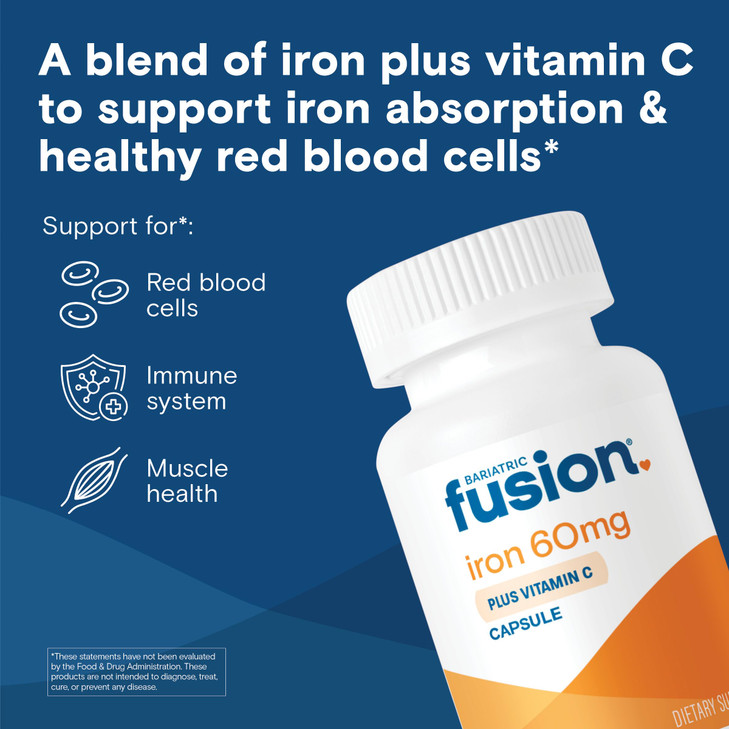 Bariatric Fusion Iron Supplement 60mg with Vitamin C | Easy to Swallow Capsule | Ferrous Fumarate Vitamins for Women and Men | Gluten, Dairy and Soy