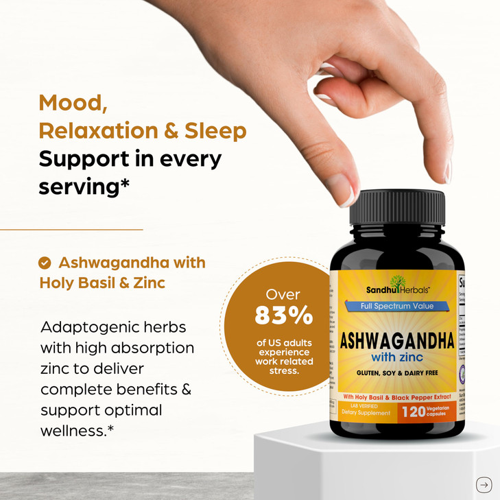 SANDHUHERBALS Organic Ashwagandha Capsules 120 Count | 4 in 1 with Zinc, Black Pepper & Holy Basil Extract | Supports Immune Health | Non-GMO | for M