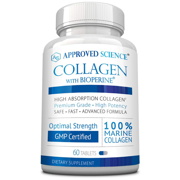 Approved Science Collagen Pills - Absorbable Marine Collagen Types I and III - 60 Tablets - Healthy Hair and Skin - Vitamin C, Sodium, and Bioperine