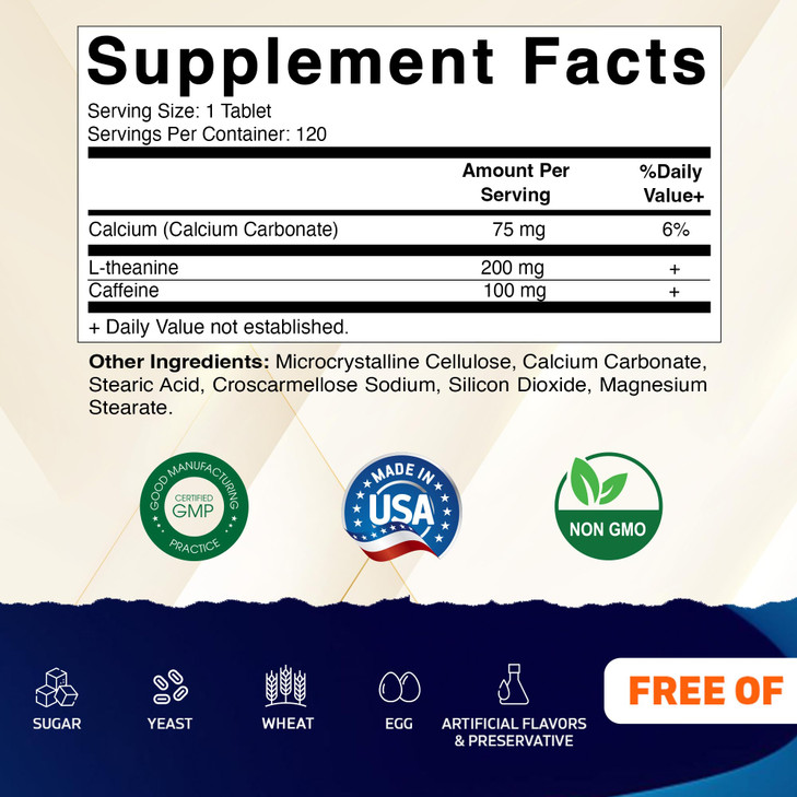 Vitamatic L-Theanine 200mg with Caffeine 100mg  120 Vegetarian Tablets Nootropic Supplement for Focused Energy & Mental Clarity