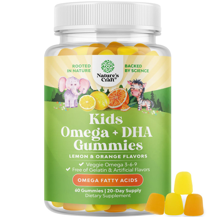 Kids DHA Omega 3 Gummies - Fatty Acids Omega 3 6 9 for Brain, Immune Strength & Vision - Nutritional DHA for Kids for Healthy Nervous System & Focus