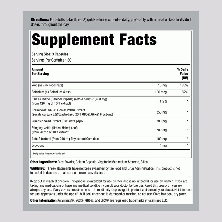 Lindberg Prostate Supplement for Men | 180 Capsules | Complex with Saw Palmetto, Pumpkin Seed Extract, Zinc, Beta Sitosterol | Non-GMO, Gluten Free