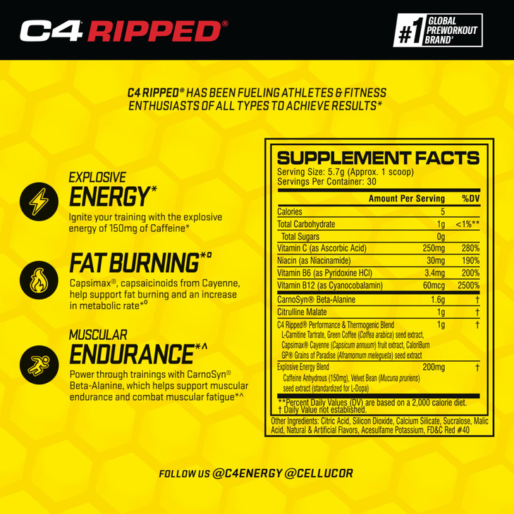 C4 Ripped Pre Workout Powder Cherry Limeade | Creatine Free + Sugar Free Preworkout Energy Supplement for Men & Women | 150mg Caffeine + Beta Alanine