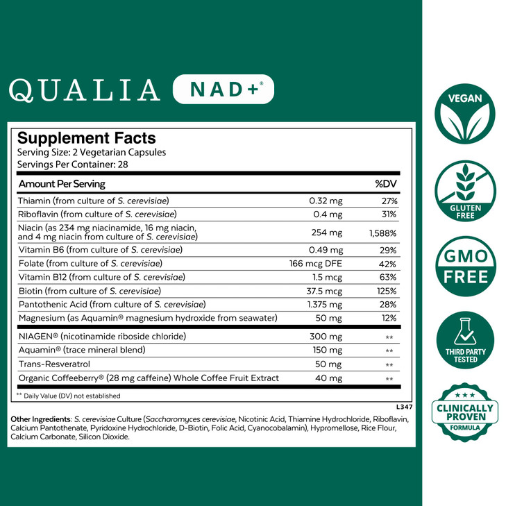 Qualia NAD Supplement  Clinically Proven to Boost NAD+ up to 67%. Optimized Aging, Energy, Focus. Elite NAD+ Ingredients: Nicotinamide Riboside (NIA