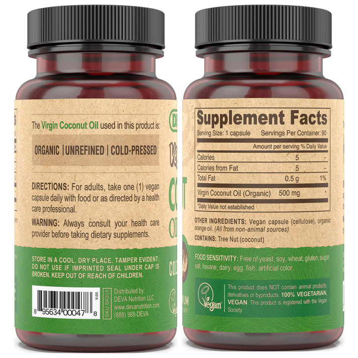 Devan Vegan Coconut Oil Capsules 2-Pack  Organic, Virgin, Cold-Pressed, Unrefined Coconut Oil, 90 Count Ea