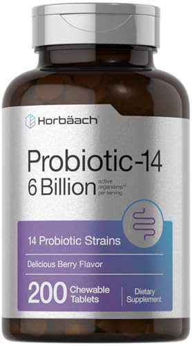 Horbäach Probiotics 6 Billion CFUs | 200 Chewable Tablets | Berry Flavor | 14 Probiotic Strains | Vegetarian, Non-GMO & Gluten Free Supplement for Me