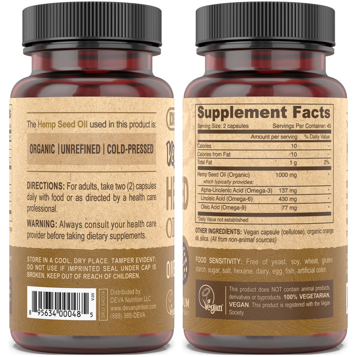 DEVA Vegan Virgin Hemp Seed Oil Capsules 2-Pack  Cold-Pressed, Unrefined, 90 Count Ea