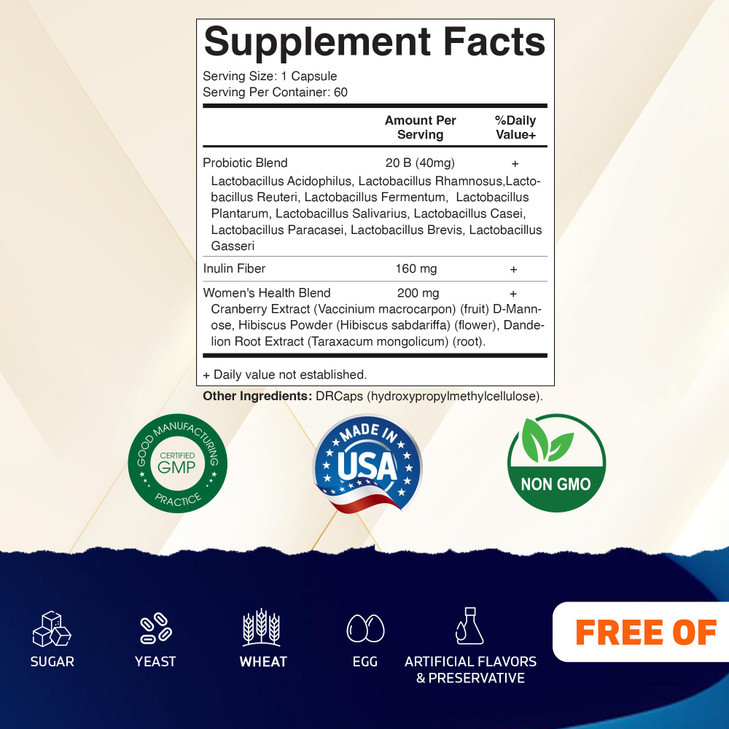 Vitamatic Vaginal Probiotics for Women  20 Billion CFU, pH Balance & Odor Control, 60 DR Capsules with Prebiotics, Cranberry, D-Mannose, Hibiscus &