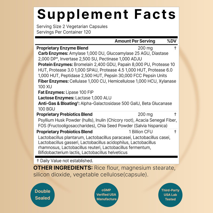 NatureBell Digestive Enzymes - 240 Capsules - Gut & Digestive Health Support Supplement* - with 20 Enzymes, 5 Prebiotics & 10-Strand Probiotic Blend