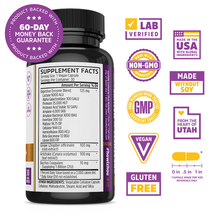 Zhou Nutrition Bloat Blast+ - Digestive Support Supplement for Women & Men, Daily Digestive Enzymes with Probiotics for Gut Health, Gluten Free, Vega