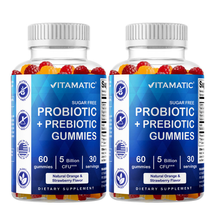 Vitamatic Sugar Free Probiotic Gummies for Men and Women  5 Billion CFUs - 60Gummies per Bottle | 2 Pack (120 Gummies) Digestive, Immune & Gut Healt