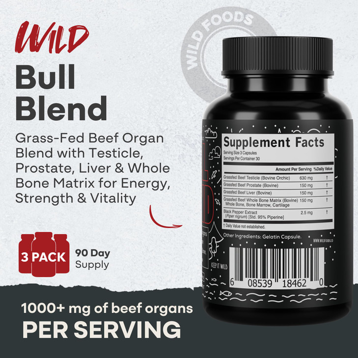 Wild Grass Fed Beef Organ Supplement for Men - Complete Ancestral Nutrition Complex with Beef Liver, Testicle, Prostate & Bone Matrix - Organ Meat Su