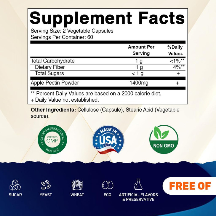 Vitamatic Apple Pectin 700mg  120 Vegetarian Capsules per Bottle | 2-Pack (240 Vegetarian Capsules) Natural Dietary Fiber Supplement  Supports Dige
