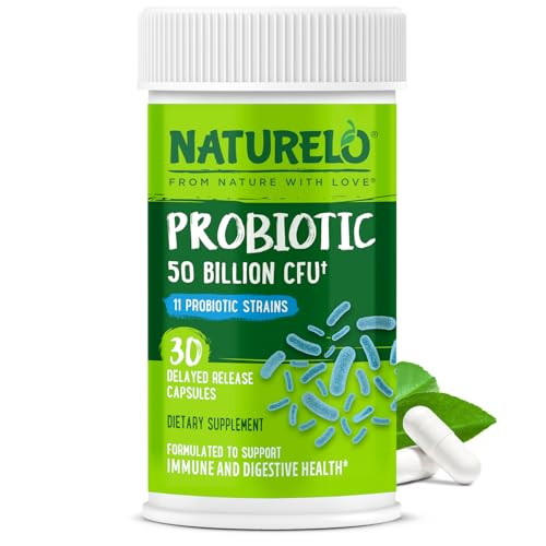 NATURELO Probiotics for Digestive Health, 50 Billion CFU, 30 Vegetarian Capsules, 11 Strains, Daily Use Supplement, Delayed Release, No-Fridge, Helps