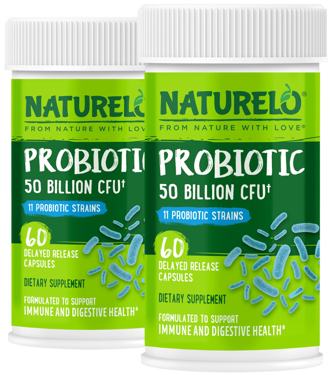 NATURELO Probiotics for Digestive Health, 50 Billion CFU, 60 Vegetarian Capsules, 11 Strains, Daily Use Supplement, Delayed Release, No-Fridge, Boost