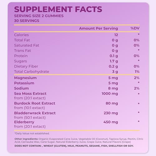 TrueSeaMoss Sea Moss Gummies with Elderberry, Burdock Root & Bladderwrack  for Adults & Kids 4+  Fruity Flavor  60 Gummies