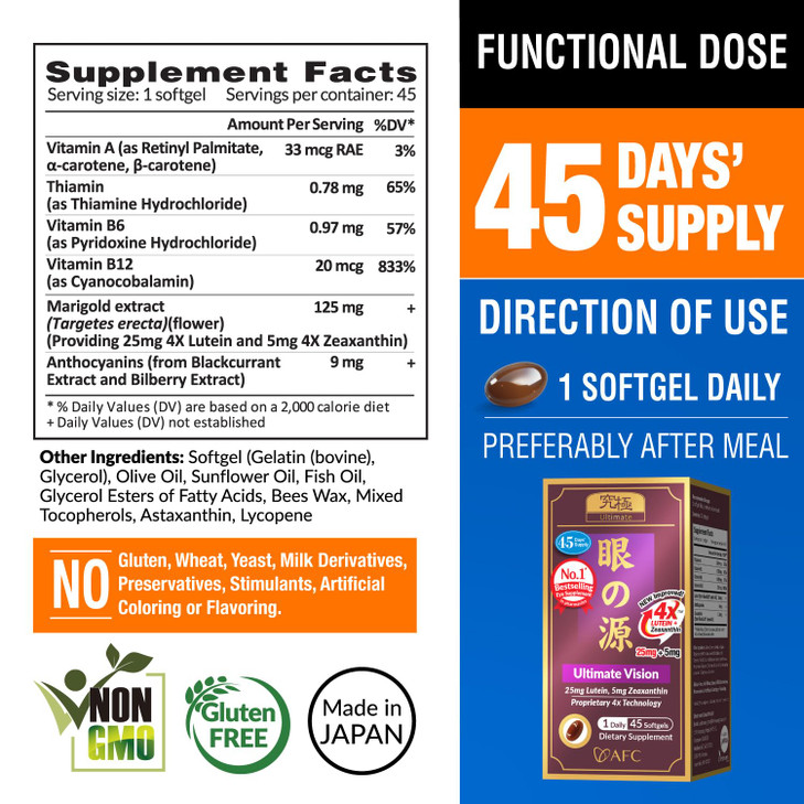 AFC Japan Ultimate Vision 4X - Improved, Up-Sized Eye Formula with Lutein 4X, Zeaxanthin, Bilberry Extract and Vitamins for Age-Related Eye Problem,
