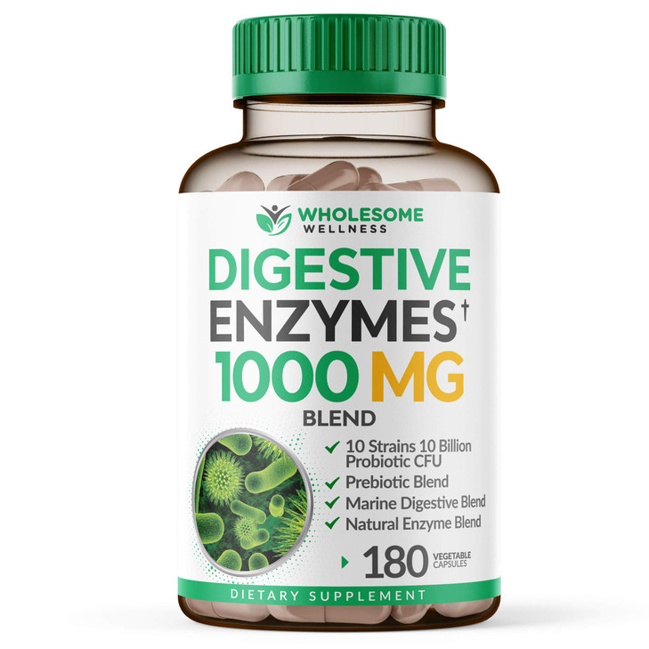 Wholesome Wellness Digestive Enzymes 1000MG Plus Prebiotics & Probiotics Supplement, 180 Capsules, Organic Plant-Based Vegan Formula for Digestion &