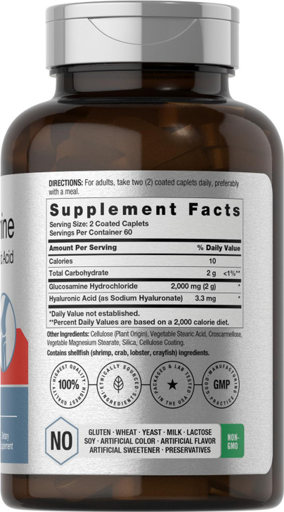Horbäach Glucosamine HCL | with Hyaluronic Acid | 2000mg | 120 Coated Caplets | Non-GMO & Gluten Free Supplement