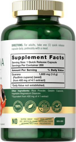 Carlyle Guarana Extract Capsules | 200 Count | Naturally Occurring Caffeine Supplement | Non-GMO, Gluten Free