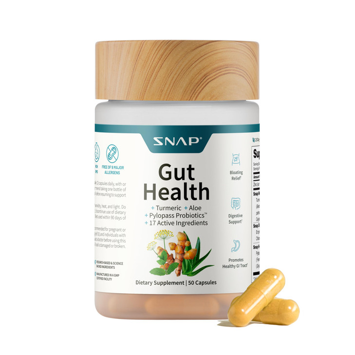 Snap Supplements Gut Health Supplement with Probiotics for Women & Men, Digestive Enzymes & Prebiotics - Turmeric, Aloe, Pylopass & Zinc, 50 Vegetari