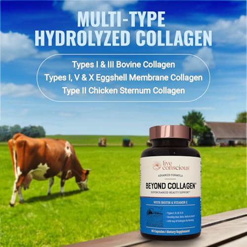 Live Conscious Beyond Collagen Multi Collagen Capsules - Types I, II, III, V & X - Hydrolyzed Blend with Biotin & Vitamin C for Hair, Skin, Nails 90