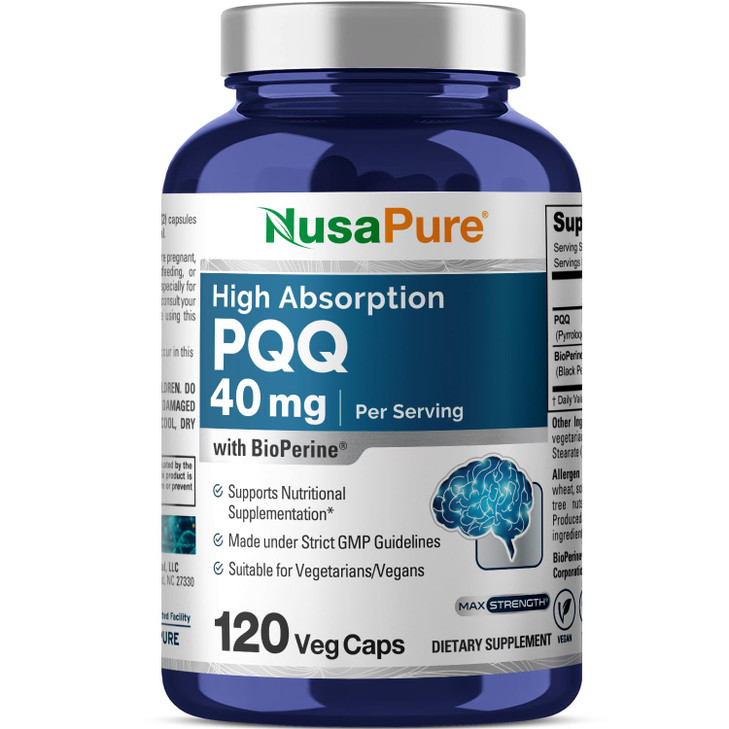 NusaPure PQQ Supplement 40 mg, 120 Veggie Capsules, Non-GMO, Pyrroloquinoline Quinone Disodium Salt, Bioperine & Vegan