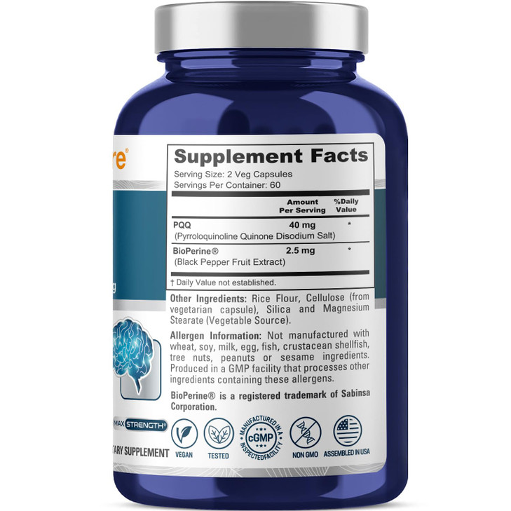 NusaPure PQQ Supplement 40 mg, 120 Veggie Capsules, Non-GMO, Pyrroloquinoline Quinone Disodium Salt, Bioperine & Vegan