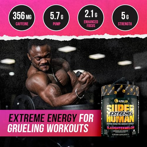 ALPHA LION Superhuman Extreme High Stim Pre Workout Powder, Beta Alanine, L-Taurine & 356mg Tri-Source Caffeine for Sustained Energy, Nitric Oxide &
