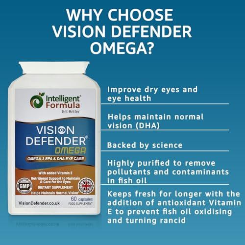 VISION DEFENDER OMEGA Eye Supplement: Care and Relief for Dry Eyes, Improve Eye Health- High Strength 1000mg Pure Omega-3 Fish Oil (400mg EPA, 200mg