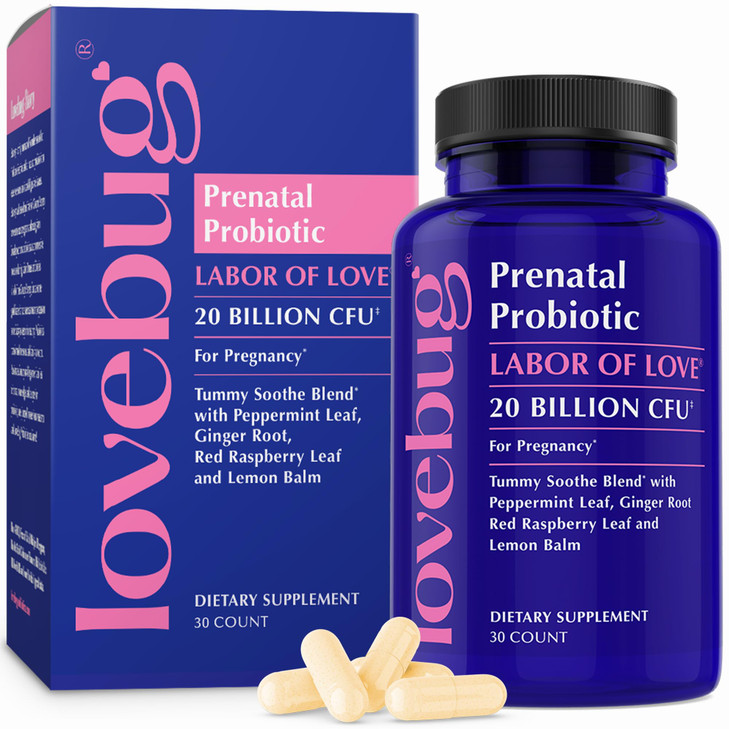 LOVEBUG Prenatal Probiotic Supplement - 7 Probiotics & Prenatal Vitamins for Women, 20 Billion CFU, with Soothing Peppermint, Ginger, Raspberry Leaf