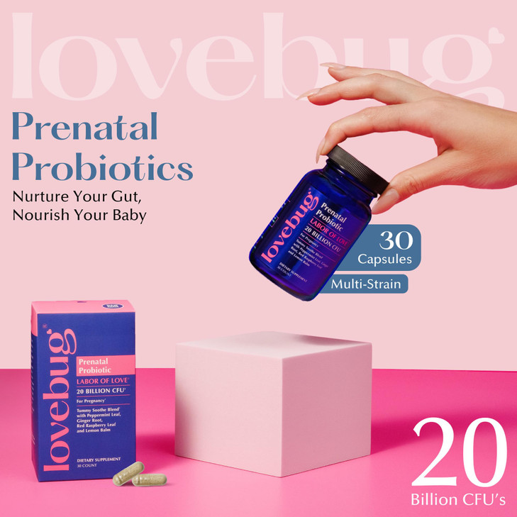 LOVEBUG Prenatal Probiotic Supplement - 7 Probiotics & Prenatal Vitamins for Women, 20 Billion CFU, with Soothing Peppermint, Ginger, Raspberry Leaf
