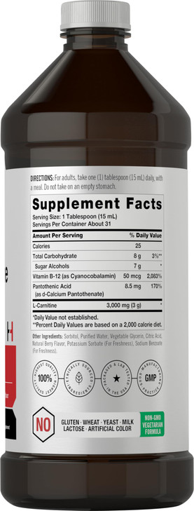 Horbäach L-Carnitine Liquid 16 oz | 3000 mg | Berry Flavor | Vegetarian Formula | Non-GMO, Gluten Free Supplement