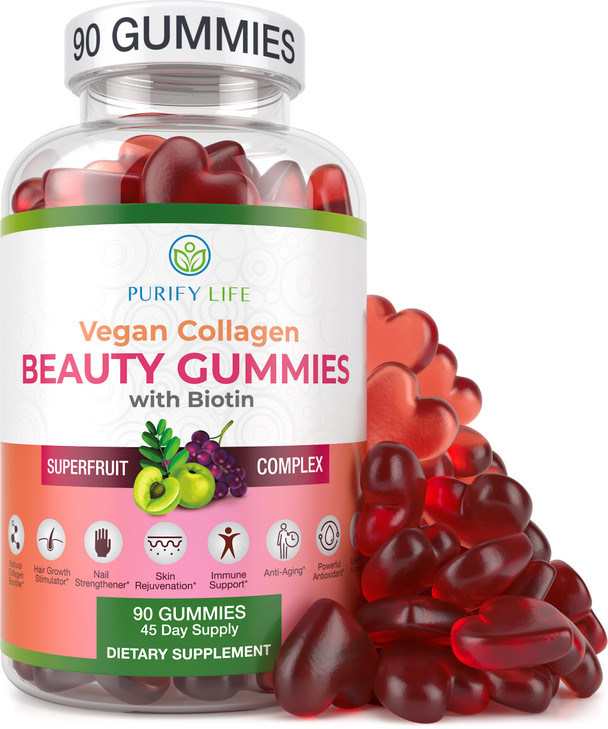 Vegan Collagen Gummies with Biotin Vitamins for Hair Skin and Nails Health, (90 Chews) Collagen Support Superfruit Complex with Resveratrol, Vitamin