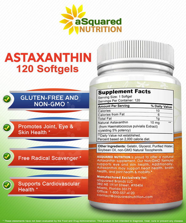 aSquared Nutrition Astaxanthin Supplement - Natural Astaxanthin Pills from Haematococcus Pluvialis Extract for Pure Energy - Max Strength 10mg - 120