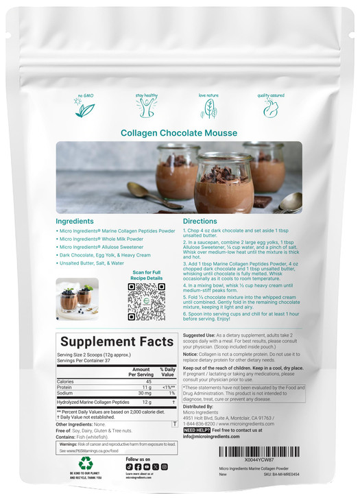 Micro Ingredients Marine Collagen Peptides Powder, 1 lb | Type I Marine Collagen + Natural Protein | Wild-Caught Fish Source | Unflavored | Pescatari