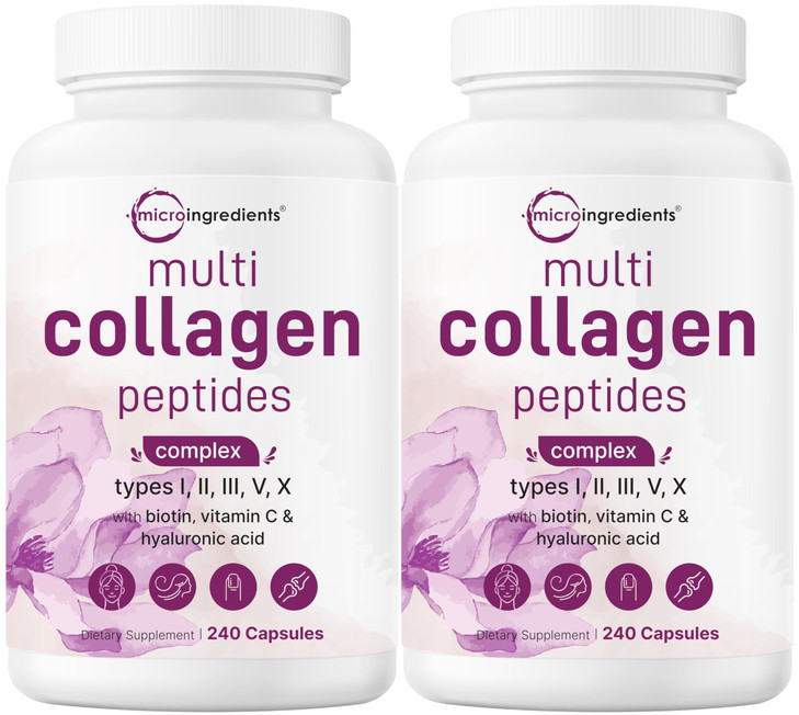 Micro Ingredients 2 Pack Multi Collagen Pills for Women & Men, 480 Capsules | Type I, II, III, V, X | Hydrolyzed Protein Peptides with Biotin, Hyalur
