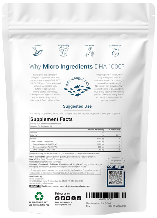 Omega 3 Fish Oil DHA Supplements 1000mg with EPA 500mg, 200 Softgels  Lemon Flavored, Burpless (Enteric Coated) | Deep Sea Fresh Fish, Wild Caught f