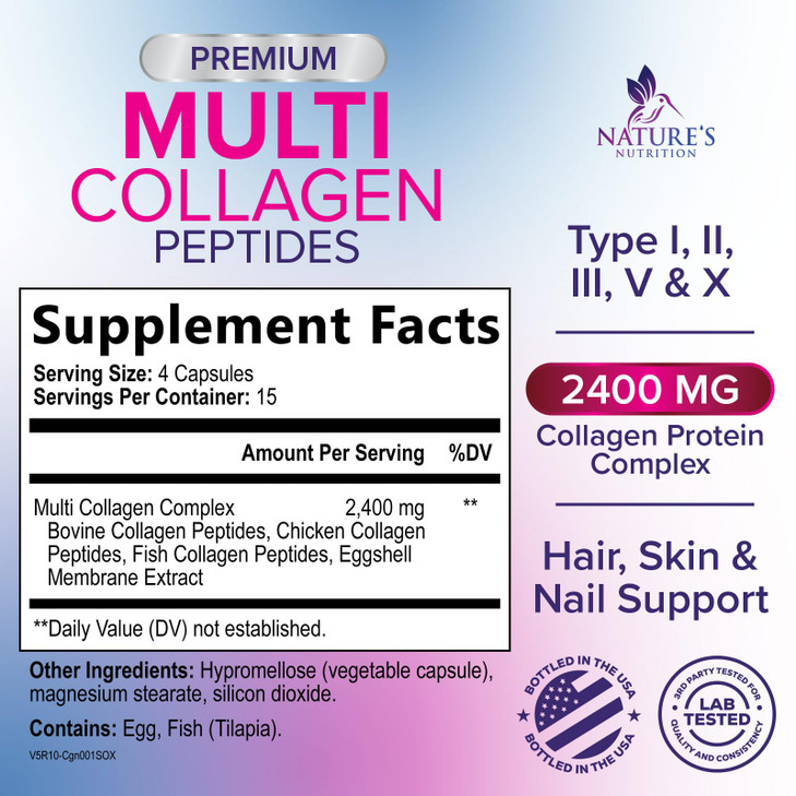 Multi Collagen Pills 2400 mg - Advanced Types I, II, III, V, X - Hydrolyzed Multi Collagen Peptides Pills, Collagen Supplements for Women & Men - Hai