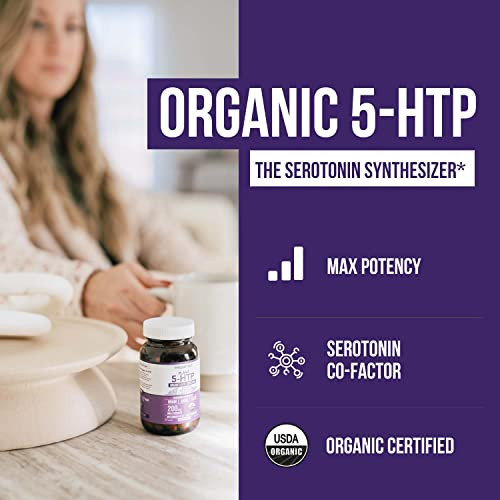 Organic 5-HTP - 200 mg | 99% 5HTP Concentration, Plus Cofactor Vitamin B6 & Lions Mane | Water Extracted from Organic Griffonia Seeds | Supports Moo