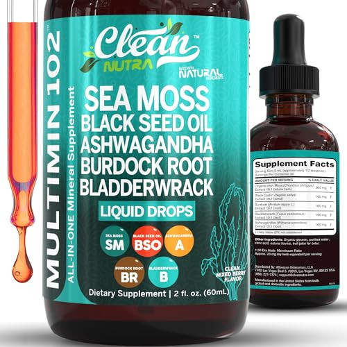 Clean Nutra Organic Sea Moss Drops Supplement | Black Seed Oil Irish Seamoss Ashwagandha Burdock Root & Bladderwrack - Multimineral Liquid Vegan for