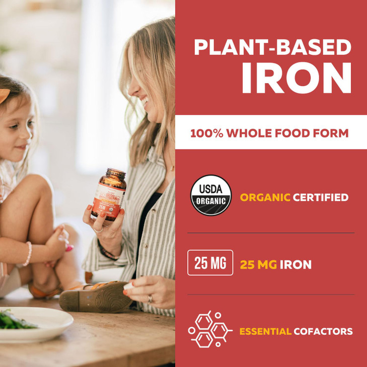 Organic Iron Supplement | Whole Food Mineral & Cofactors, 25 mg Elemental | Enhanced Absorption Plus Blood Health Vitamins  Gentle Form  Supports H