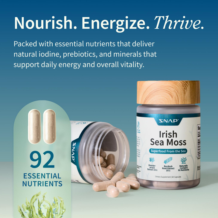 Snap Supplements Irish Sea Moss with Bladderwrack, Burdock Root & Iodine  Natural Sea Moss Supplement to Support Gut Health, Energy & Healthy-Lookin