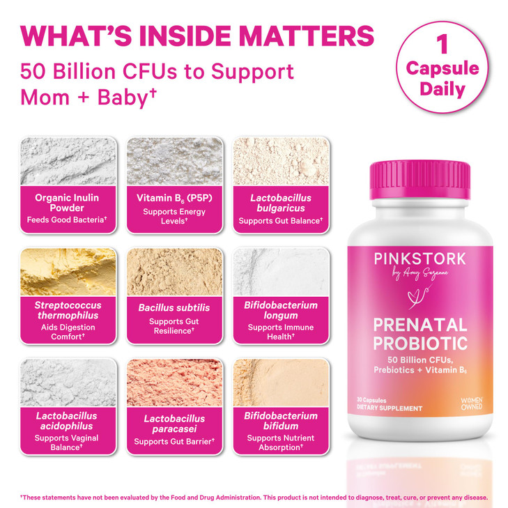 Pink Stork Prenatal Probiotic for Women with 50 Billion CFU | Vitamin B6 & Prebiotics | Pregnancy Probiotics for Morning Sickness | Digestive, Immune