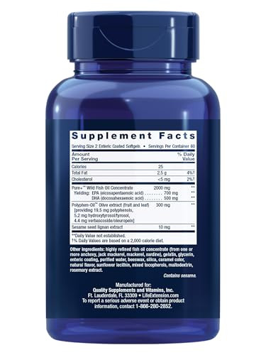 Life Extension Super Omega-3 EPA/DHA Fish Oil, Sesame Lignans & Olive Extract  Heart Health, Brain Health, Inflammation Health Support, Gluten-Free,