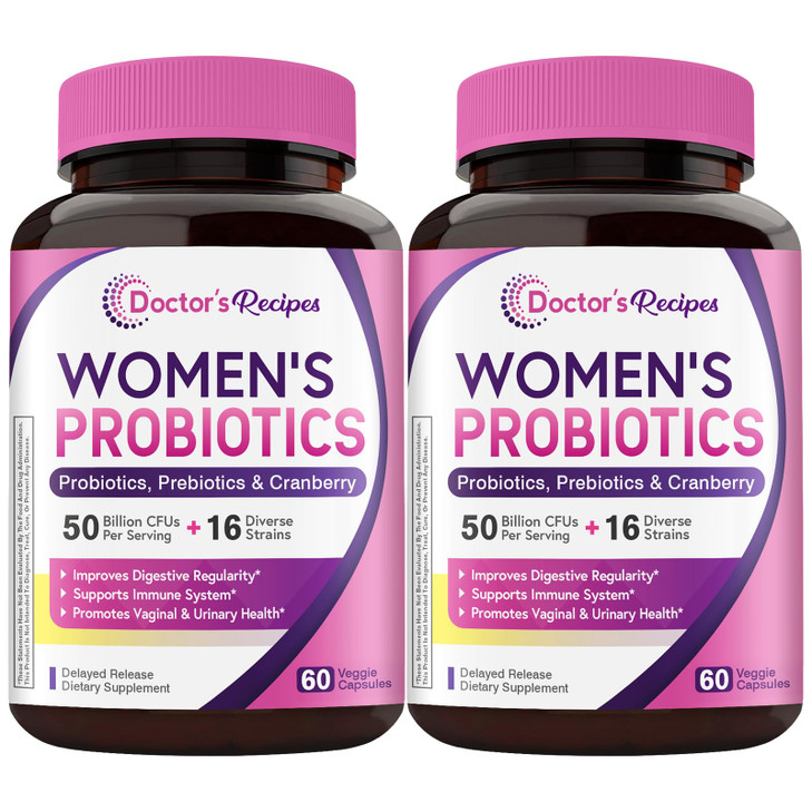 Doctor's Recipes Women's Probiotics, 120 Caps (Pack of 2) 50 Billion CFU 16 Strains, with Organic Prebiotics Cranberry, Shelf Stable, Delayed Release